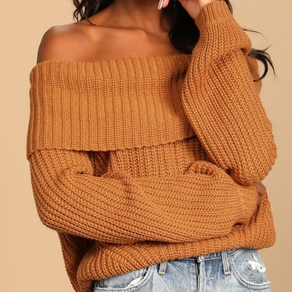 Lulus Sweaters - Lulus Carmichael Light Brown Off-the-Shoulder Knit Sweater